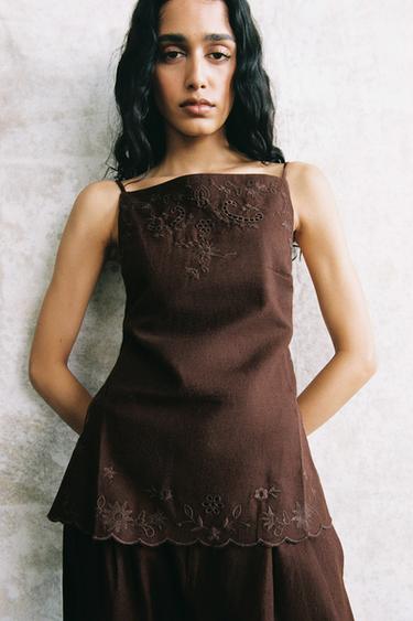 EMBROIDERED OPEN BACK TOP - Brown by Zara