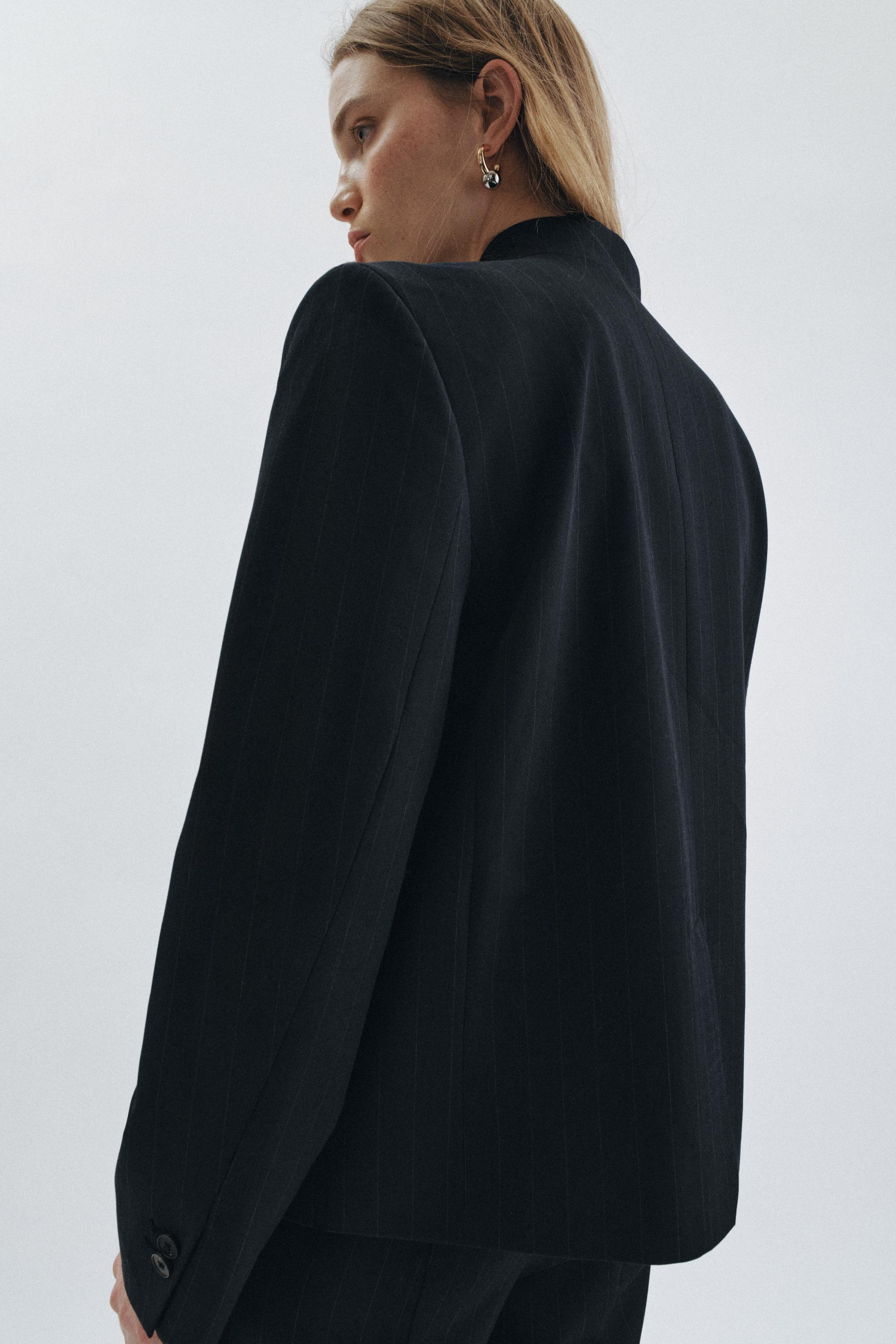 ZW COLLECTION PINSTRIPE HIGH NECK BLAZER — striped