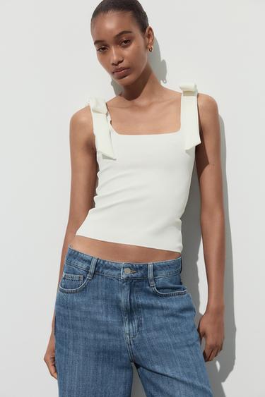 STRETCH TOP WITH BOWS - Oyster-white by Zara