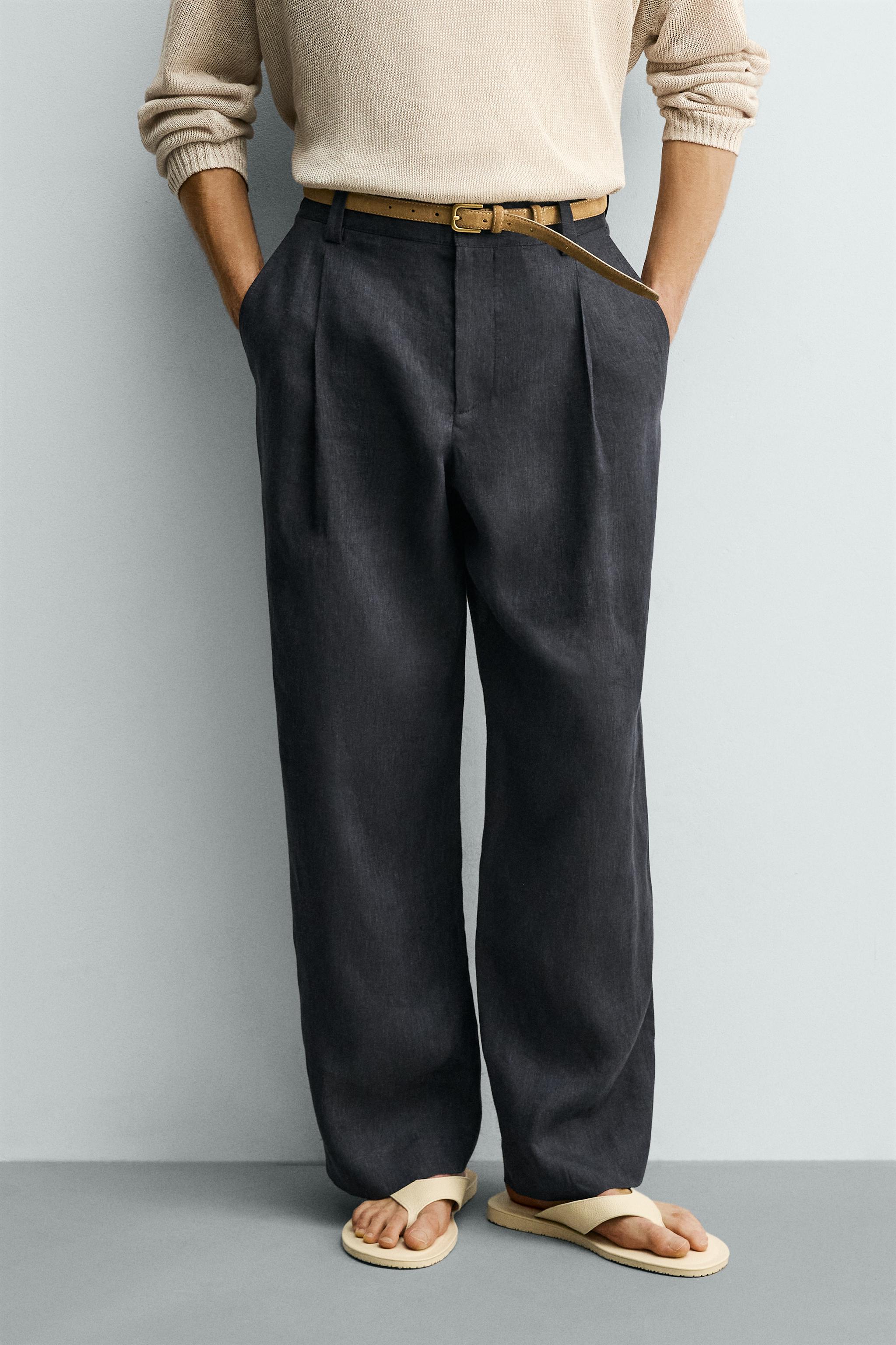 100% LINEN PLEATED TROUSERS — Indigo