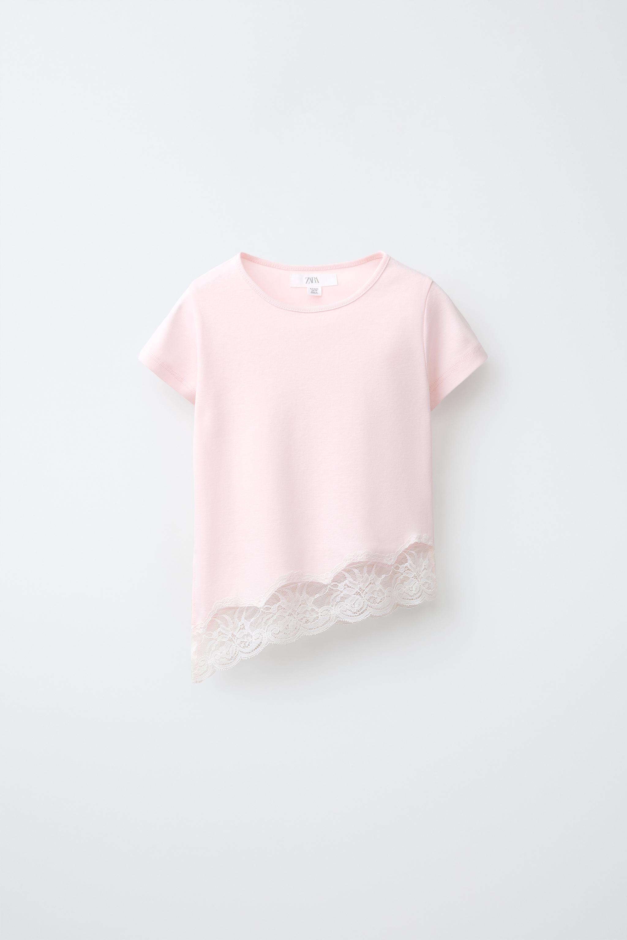 LACE HEM PLAIN T-SHIRT — Pastel pink