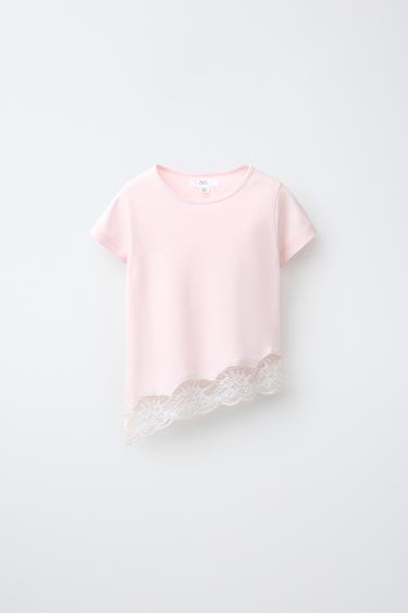 Zara LACE HEM T-SHIRT - Pastel pink