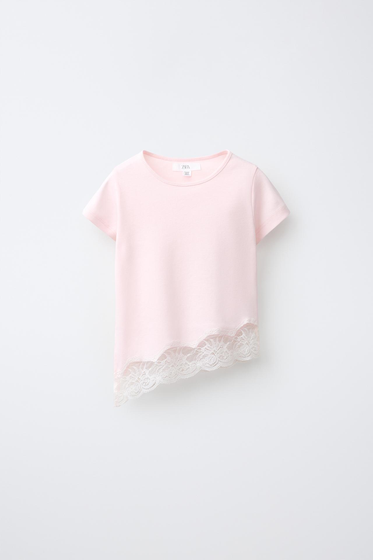 LACE HEM T-SHIRT — Pastel pink