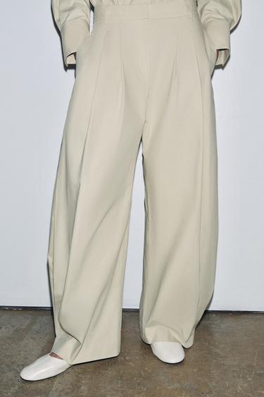 Zara 打褶長褲 - ZW COLLECTION LIMITED EDITION - 淺米色