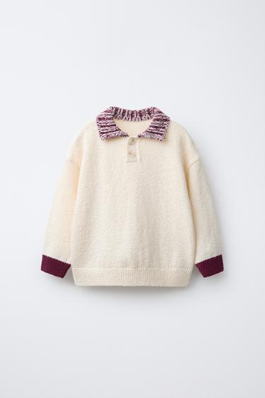 KNIT POLO SHIRT WITH RIBBED COLLAR - Ecru / Maroon by Zara