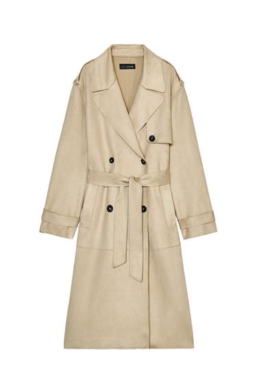 Front view of a beige coat with belt and black buttons.