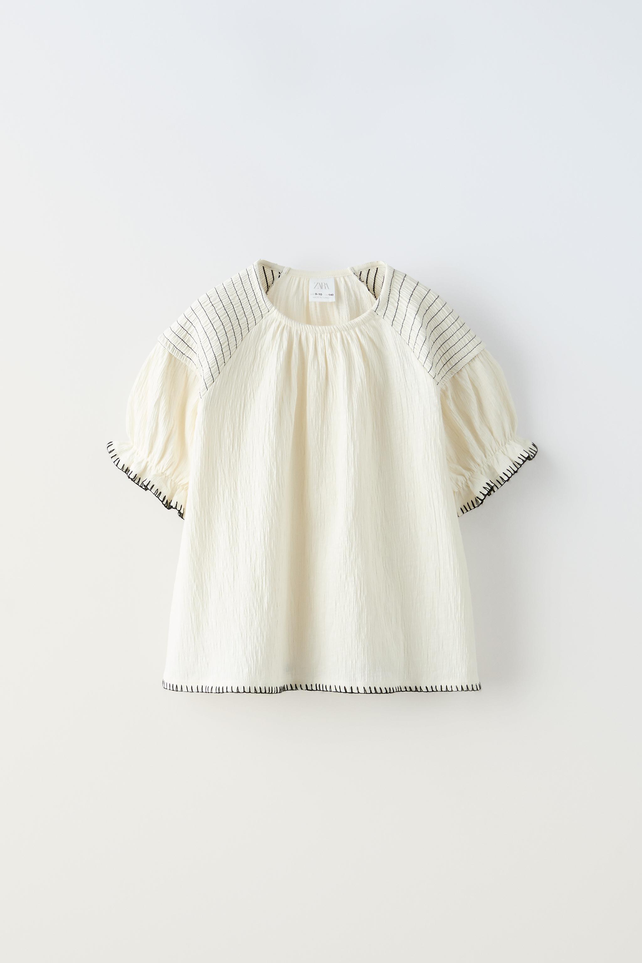 コントラストトップステッチ テクスチャー Tシャツ - エクリュ | ZARA ...