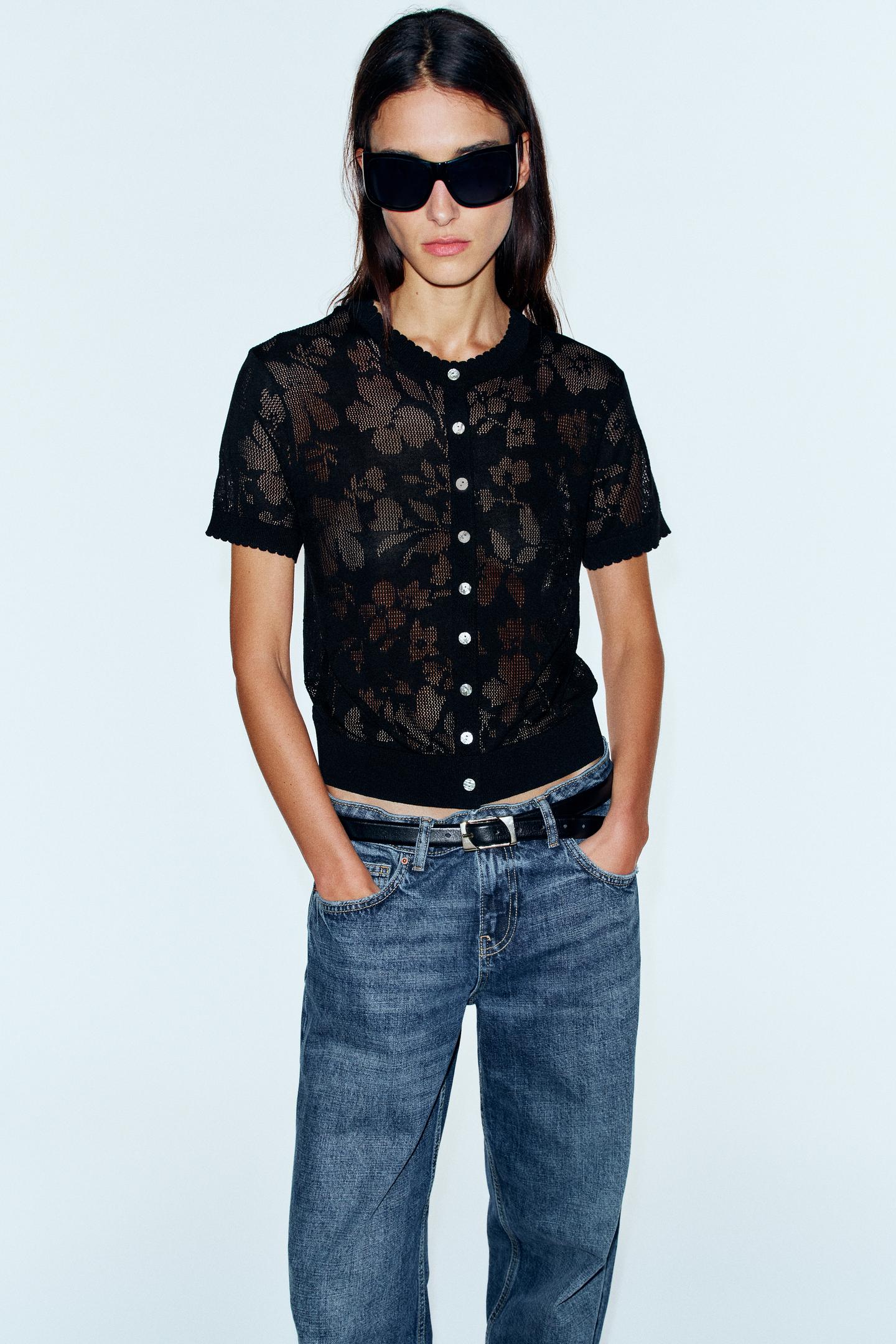 Женские свитеры Zara Floral Short-Sleeve Cardingan, цвет: Чёрный — фото 4