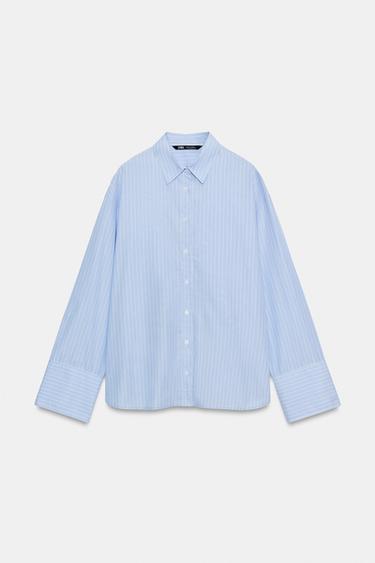 Zara ZW COLLECTION STRIPED POPLIN SHIRT WITH VENTS - Sky blue