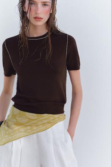 Zara TRIMMED SHORT SLEEVE KNIT TOP - Brown