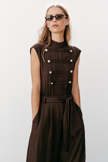 JUMPSUIT WITH FROG FASTENING AND BELT - Brown by Zara