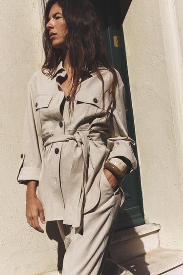 CAMISA SAHARIANA COM CINTO - Bege-claro da Zara