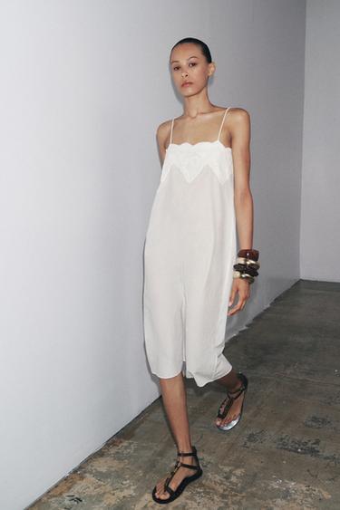 Zara ZW COLLECTION EMBROIDERED STRAP DRESS - White