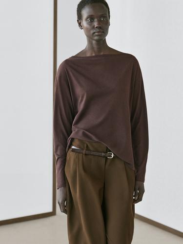 Zara 100% cotton boat neck T-shirt - Brown