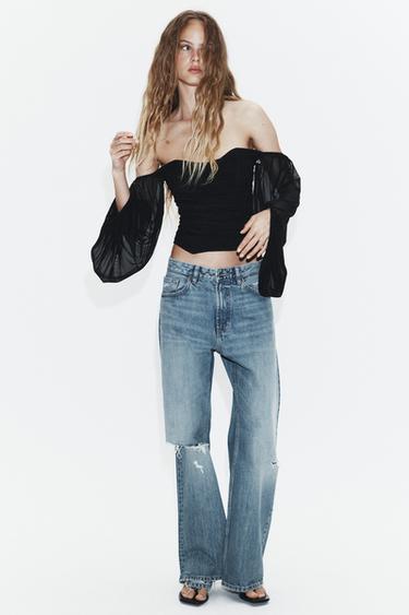 Zara RUCHED LONG SLEEVE TOP - Black