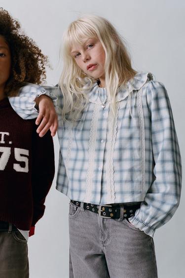 CHECKED LACE SHIRT — White / Navy 2