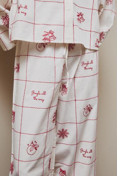 PANTALON À CARREAUX BRODÉS NOËL - Blanc cassé de Zara - Image 4