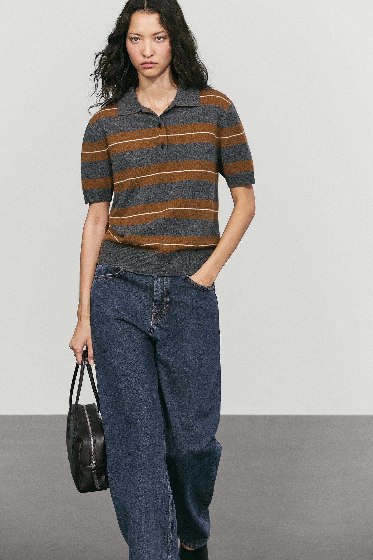 100% wool striped knit polo — Mid-gray