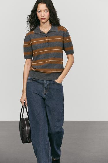 100% wool striped knit polo — Mid-gray 1