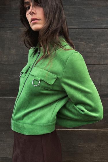 جاكيت قصير بمظهر جلد السويد - أخضر تفاحي الخاص بـ Zara