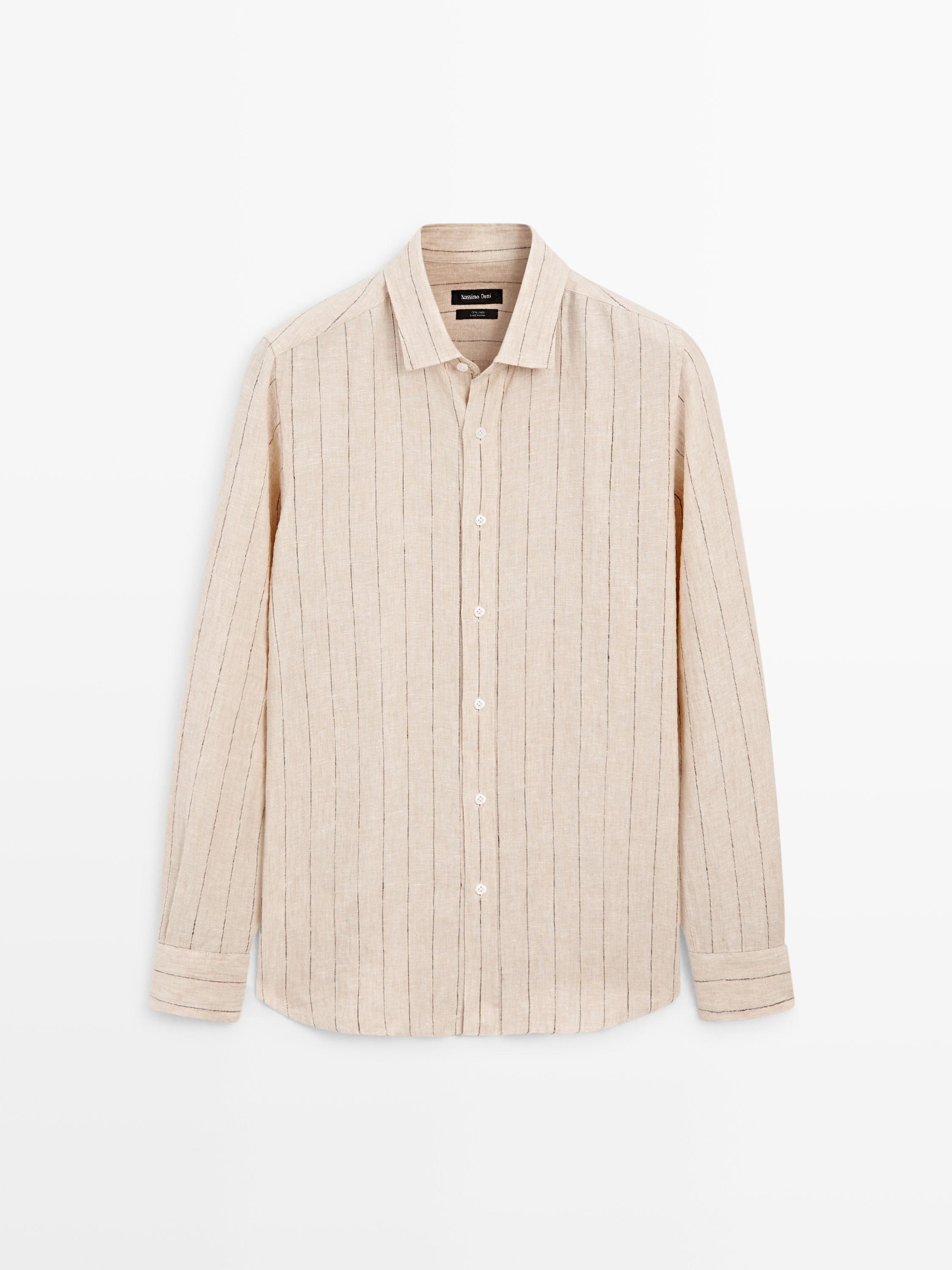 Regular fit striped linen shirt — Beige / Green