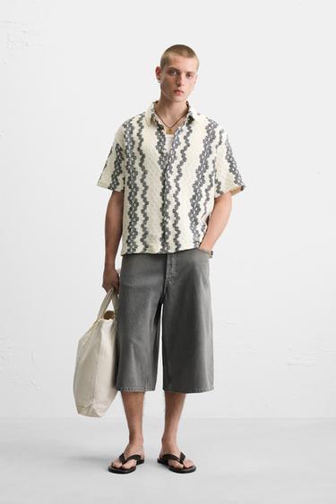 Zara OPENWORK TEXTURED SHIRT - Ecru / Navy - Image 0