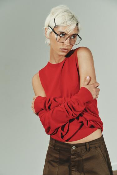 Zara DOUBLE LAYER KNIT CARDIGAN SWEATER - Red
