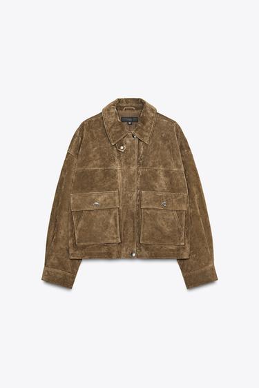 100% LEATHER BOMBER JACKET - Khaki by Zara - Image 0