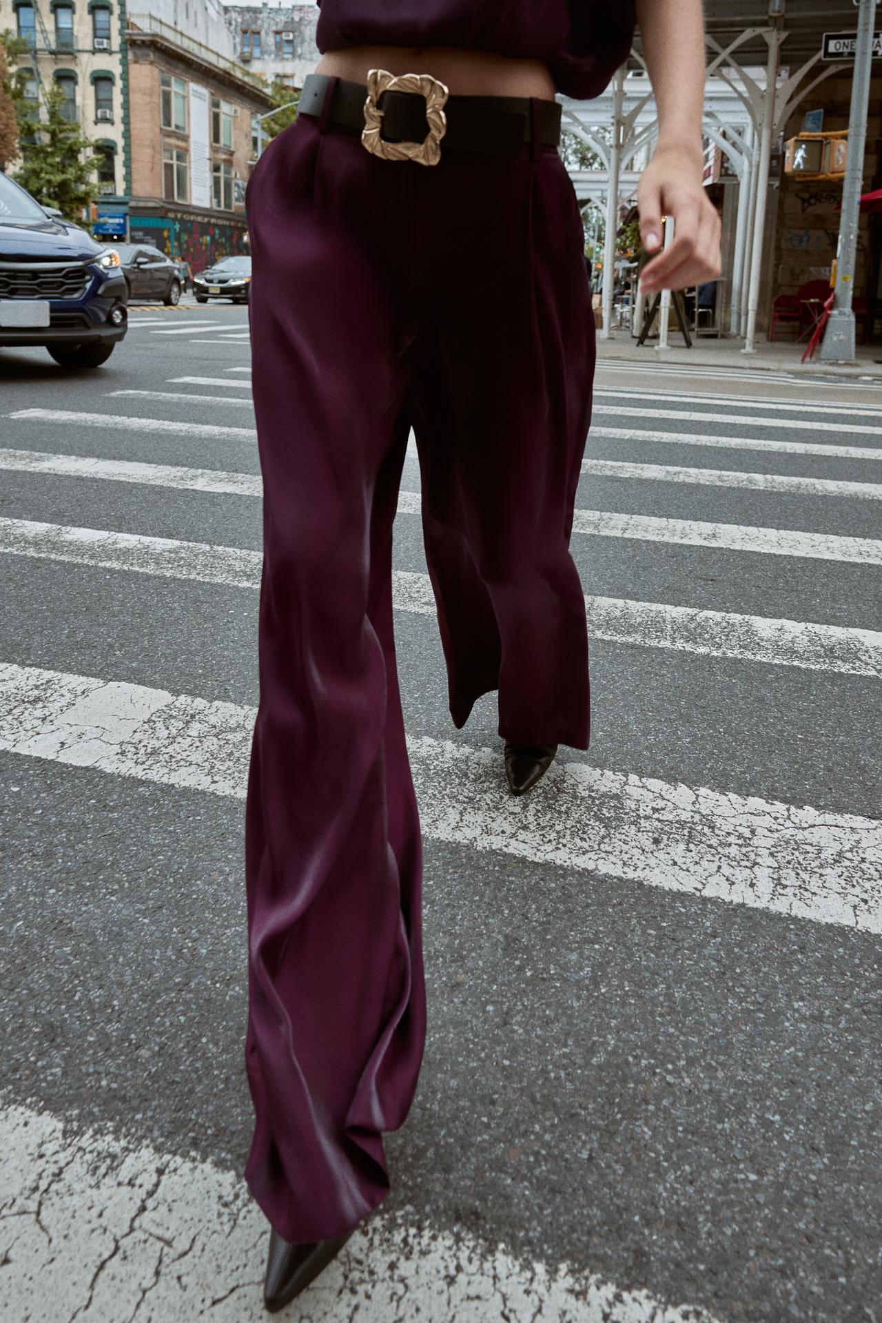 SATIN WIDE LEG BELTED PANTS