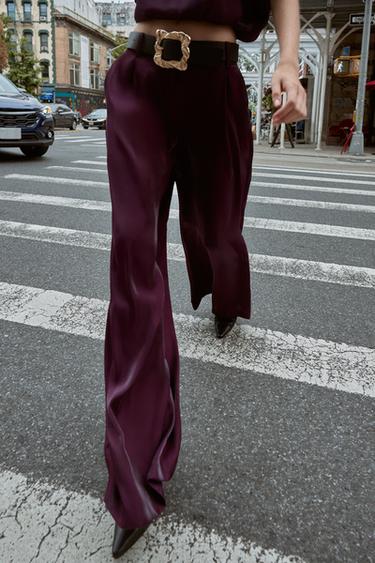 SATIN WIDE-LEG TROUSERS WITH BELT - Aubergine by Zara - Image 3