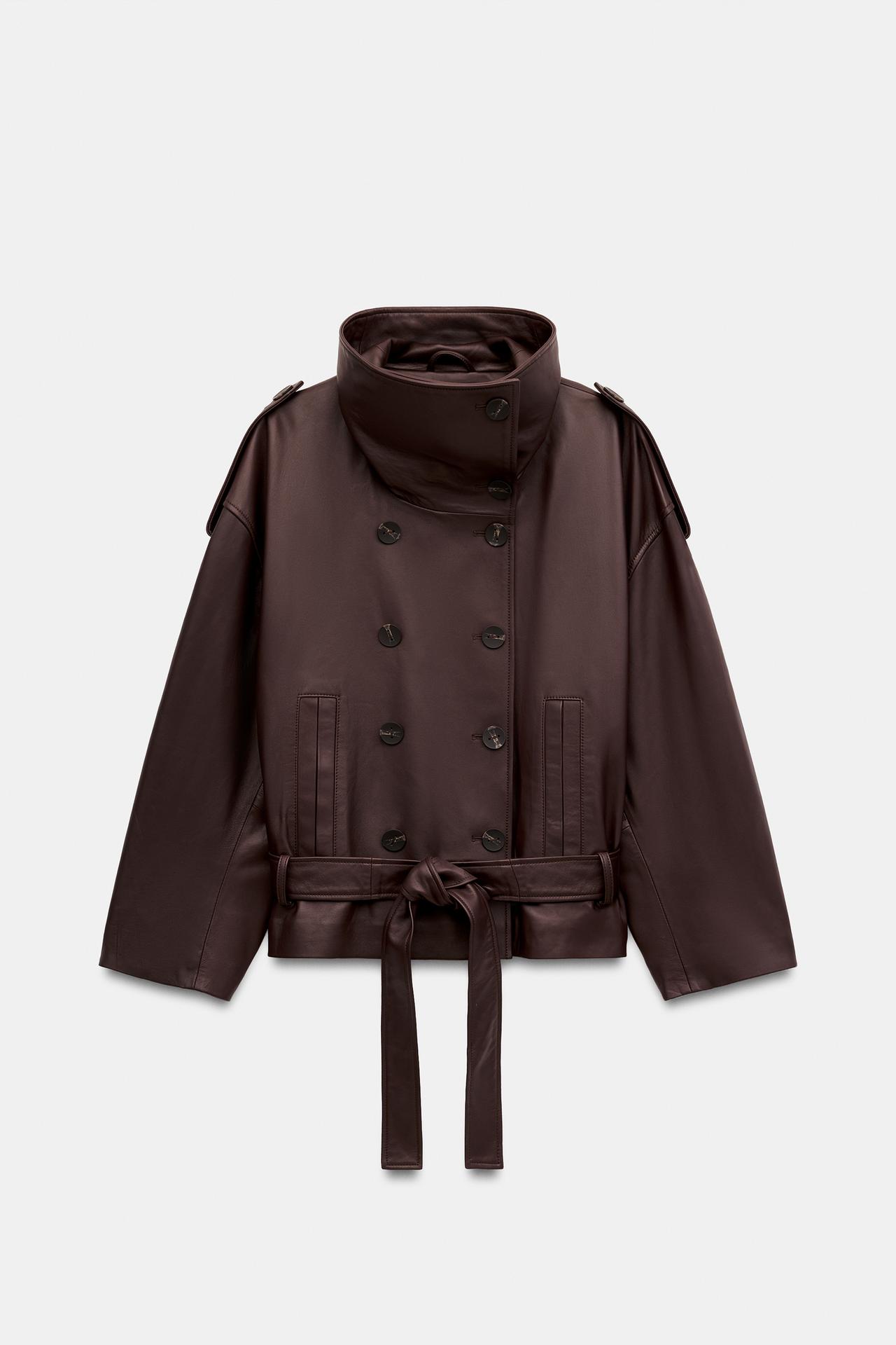 100% LEATHER BELTED JACKET — Dark eggplant