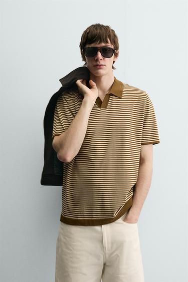 Zara STRIPED KNIT POLO SHIRT - Caramel