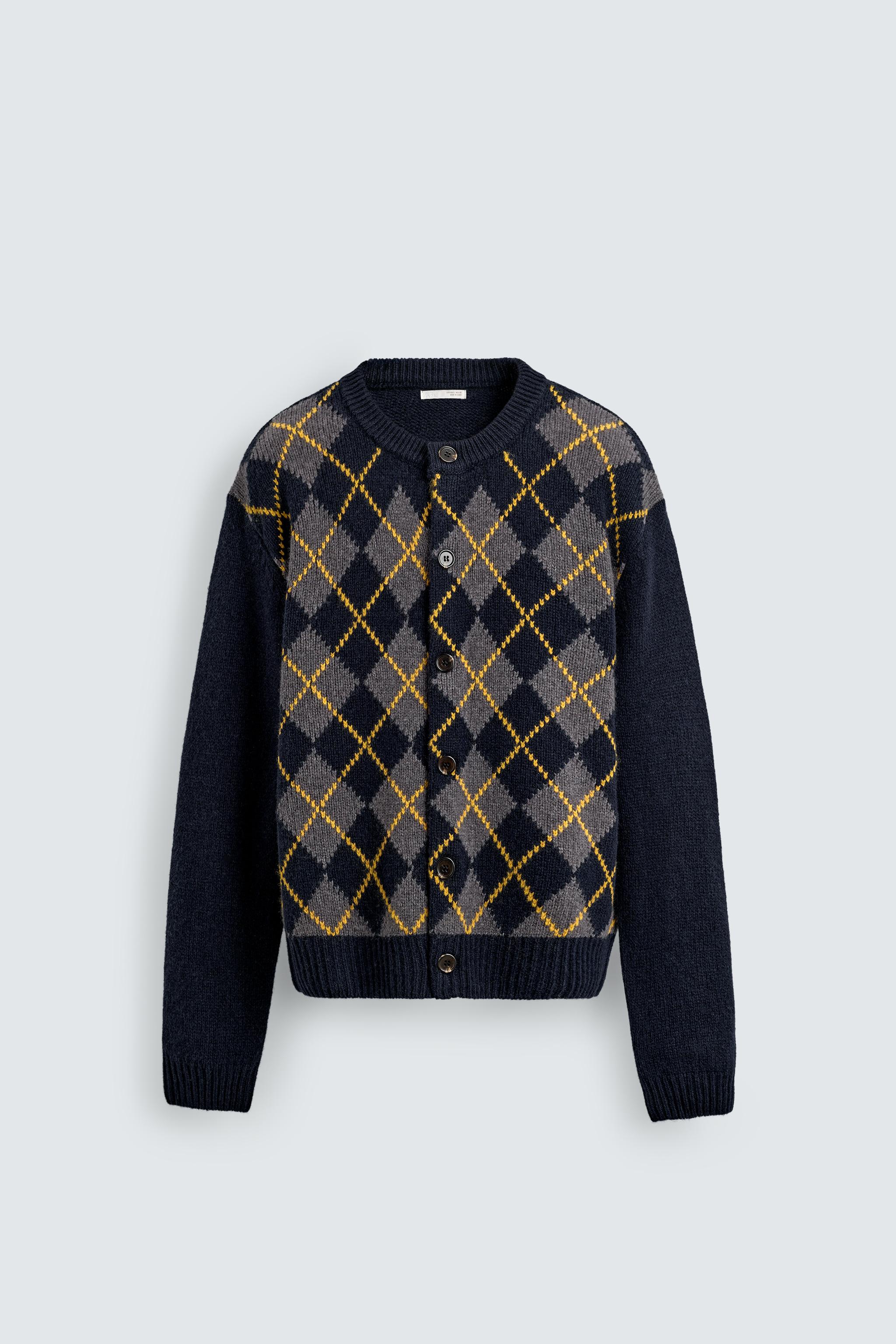 100% WOOL DIAMOND PATTERN CARDIGAN - Blue | ZARA United States