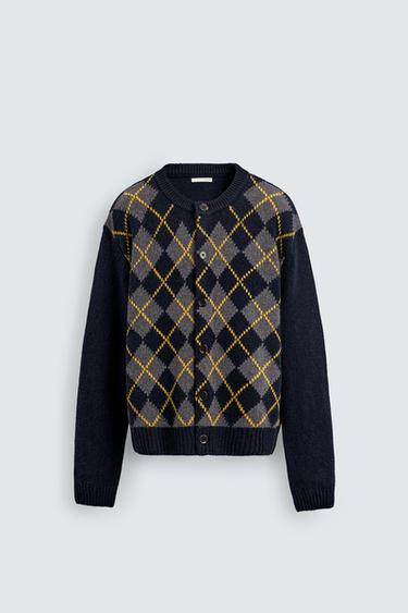 100% WOOL ARGYLE CARDIGAN - Blue by Zara