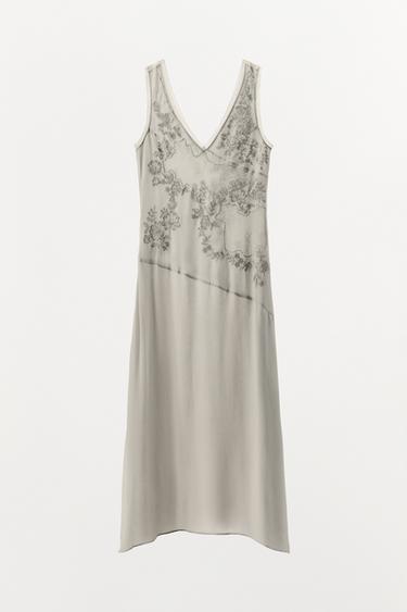 GEORGETTE DRESS WITH EMBROIDERY AND BEADS - Taupe grey by Zara - Image 5