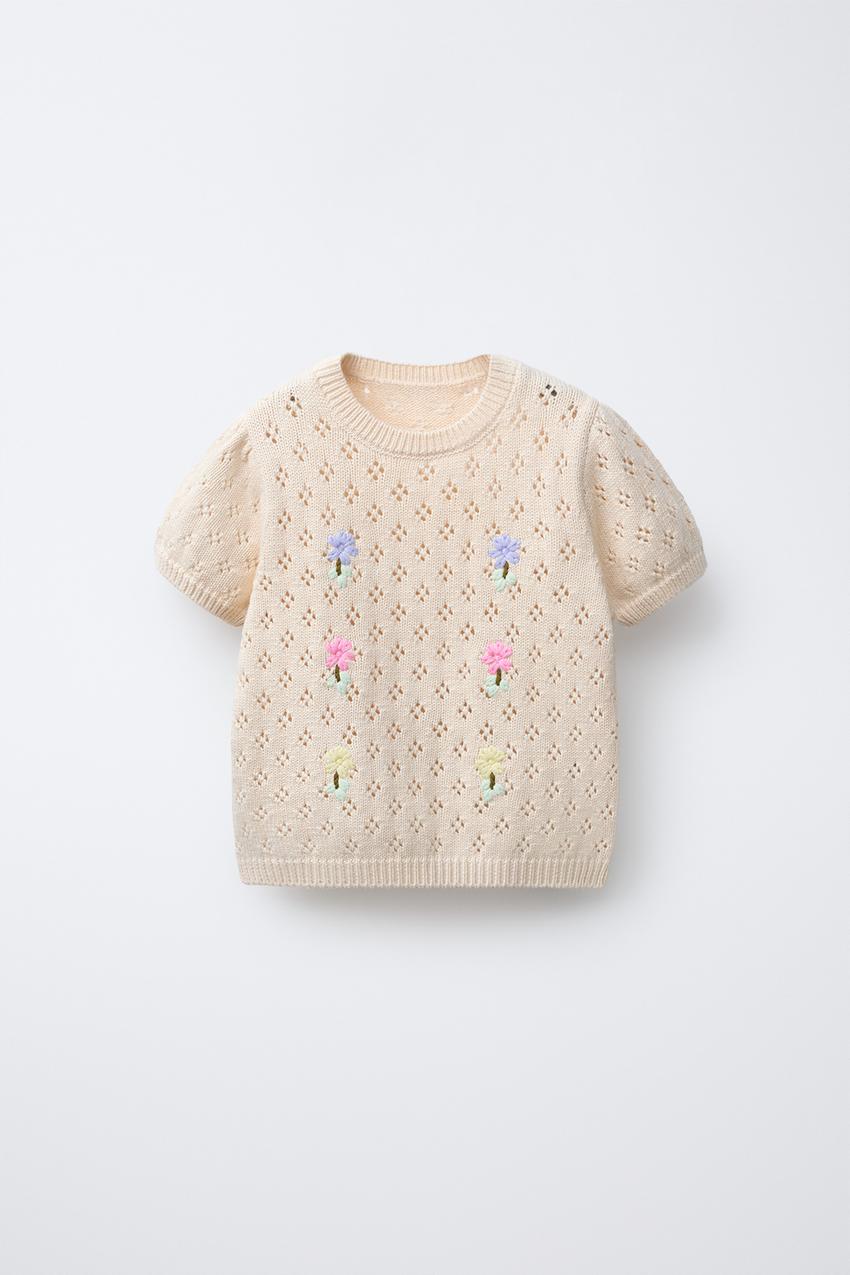 Zara - Embroidered Flower Openwork Knit Top - 4 Years (40,9 Inches) - Ecru - Kids