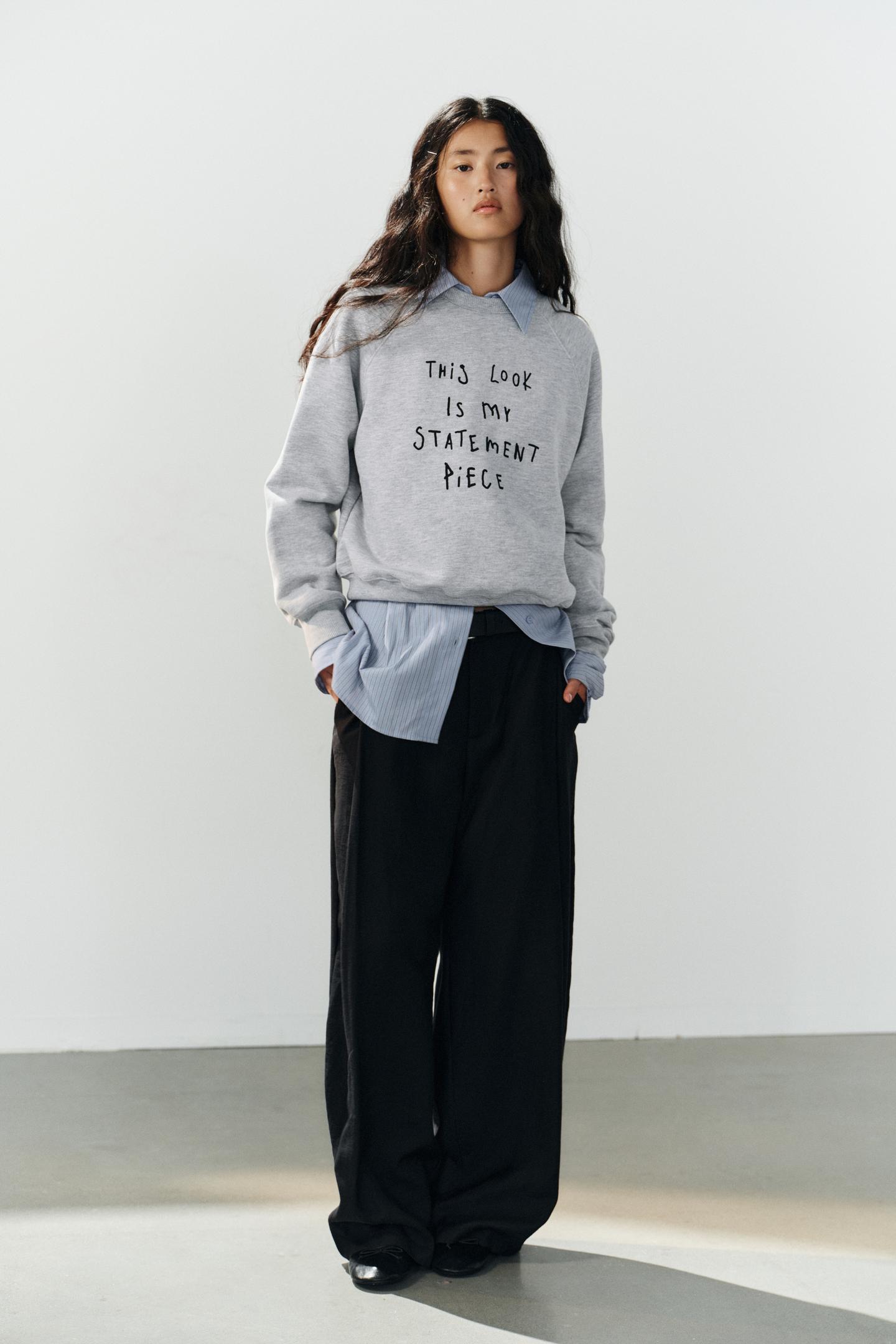 Женская толстовка Zara Text Print, цвет: Серый меланжевый — фото 1
