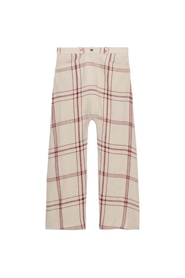 ZW COLLECTION LINEN CHECK BAGGY TROUSERS - Ecru / Red by Zara