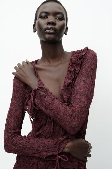 RUFFLED LACE TOP - Burgundy by Zara