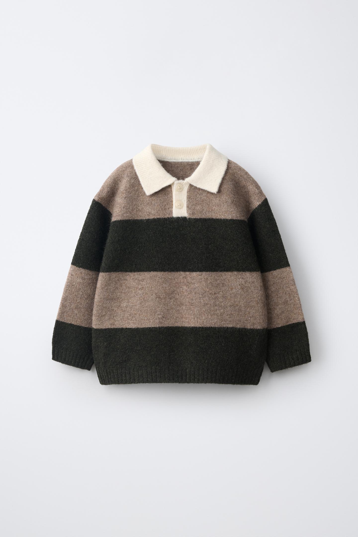 Детское поло Zara Soft Touch Striped Knit Polo, цвет: Коричневый / Зелёный — фото 1