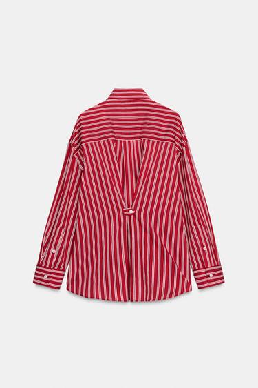 CHEMISE OVERSIZE EN POPELINE RAYÉE - Rouge / Blanc de Zara - Image 7