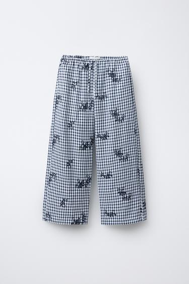 Zara GINGHAM CHECK STRAIGHT LEG PANTS WITH EMBROIDERED FLOWERS - Navy blue