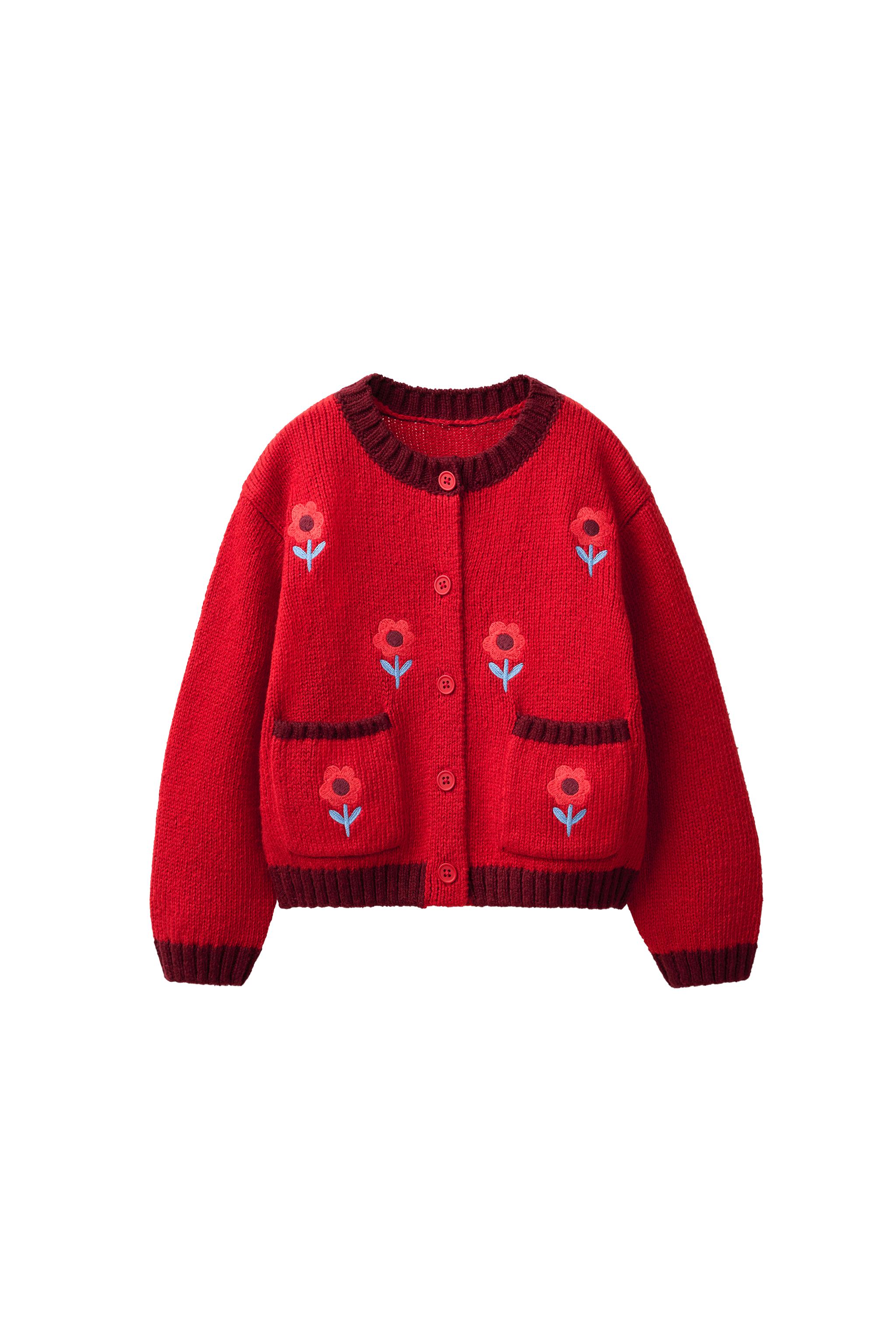フラワー刺繍ニットカーディガン - レッド | ZARA Japan / 日本