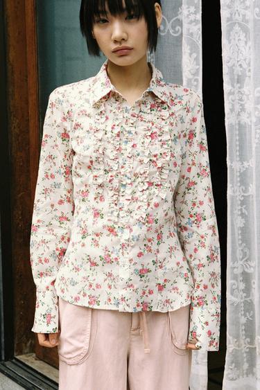플라워 프린트 러플 셔츠 - Zara 단색