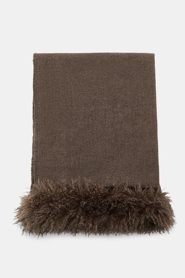 Zara WOOL SCARF WITH FAUX FUR EFFECT - Brown / Taupe