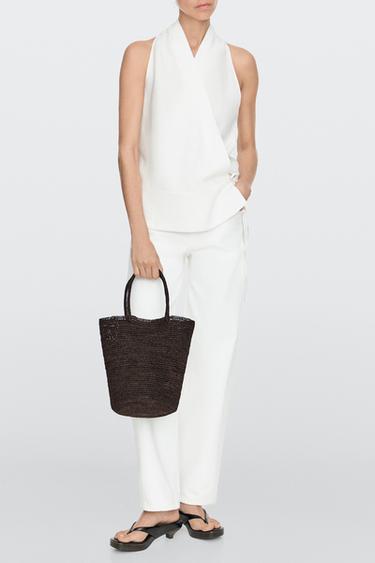 Zara Mini raffia bucket bag - Brown - Image 0