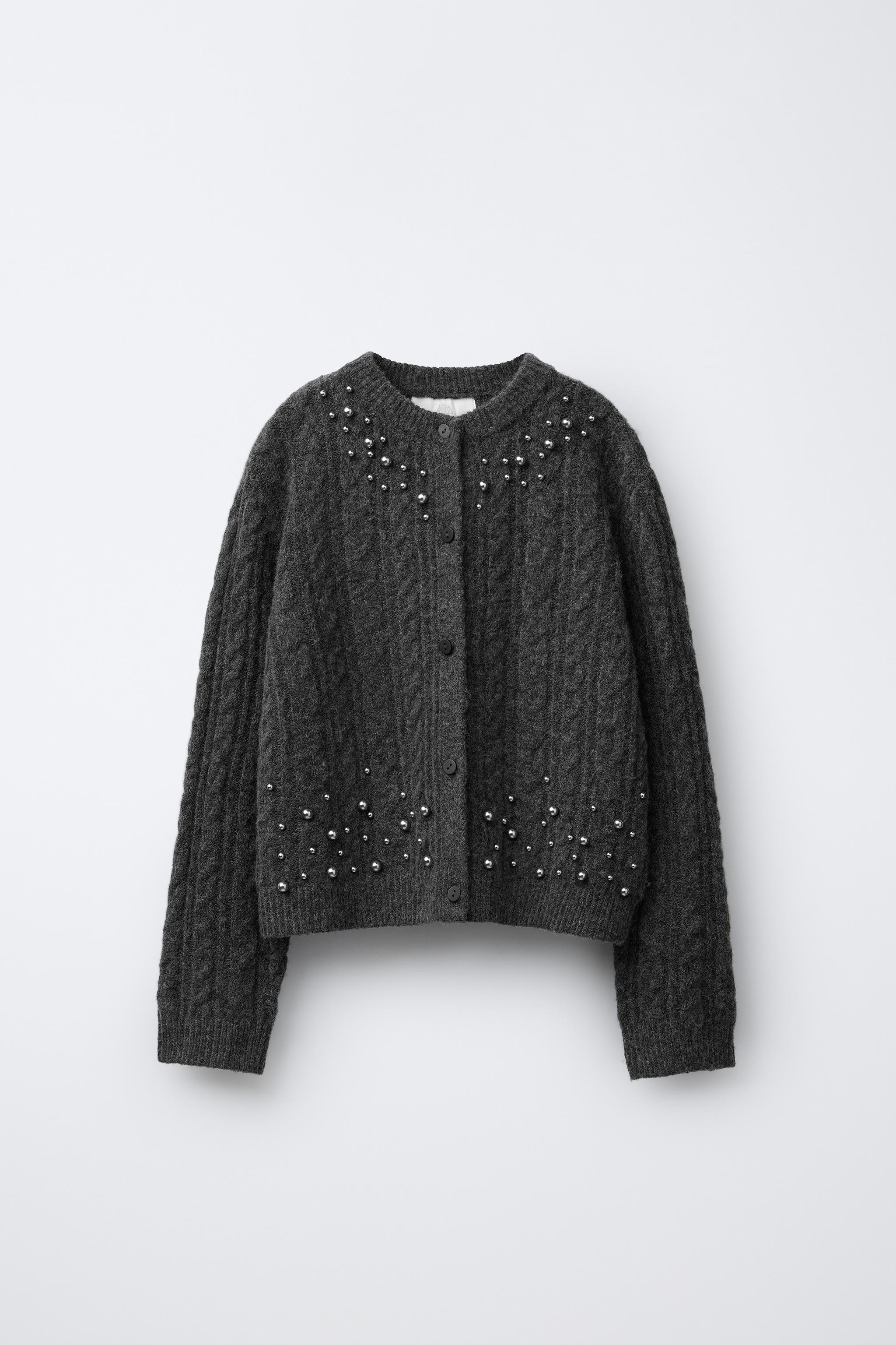 CABLE-KNIT CARDIGAN WITH FAUX PEARLS - Anthracite grey | ZARA India