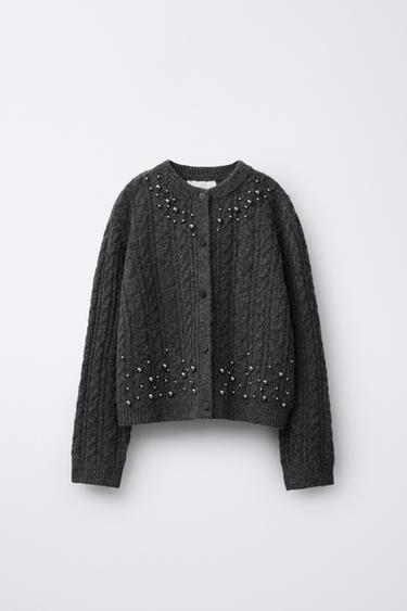 CABLE-KNIT CARDIGAN WITH FAUX PEARLS - Anthracite grey by Zara