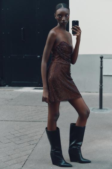 RED STRAPLESS SEQUIN DRESS - Aubergine by Zara - Image 3