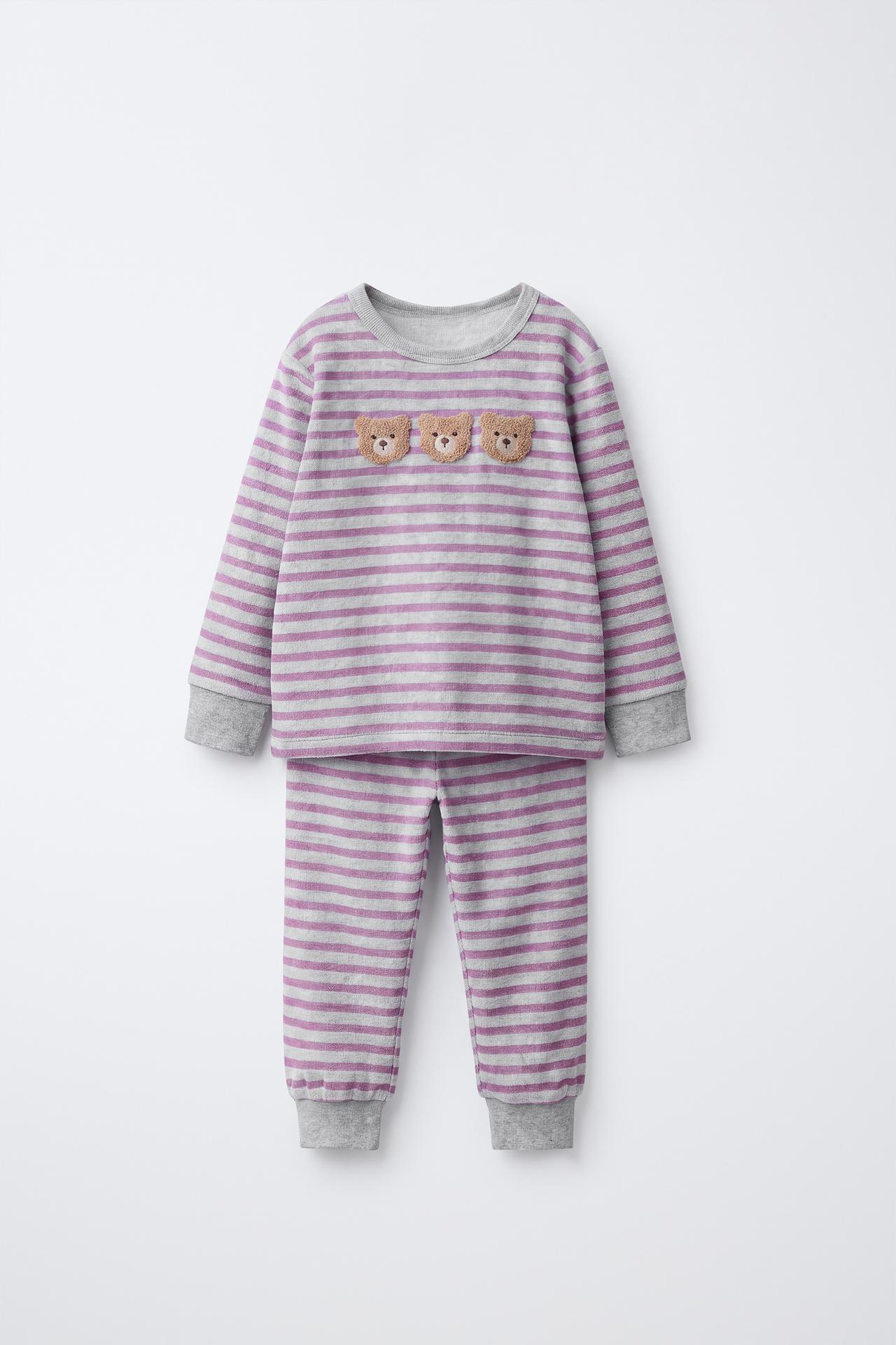 1.5-6 YEARS/ STRIPED BEAR VELOUR PYJAMAS — Grey marl